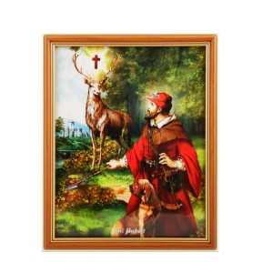 OBRAZEK ŚW. HUBERTA W DREWNIANEJ RAMCE ZA SZKŁEM