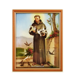 OBRAZEK ŚWIĘTEGO FRANCISZKA W DREWNIANEJ RAMCE ZA SZKŁEM