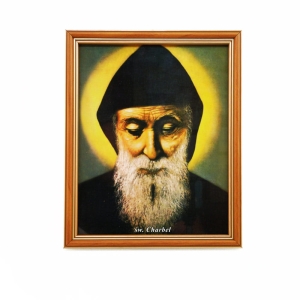 OBRAZEK ŚWIĘTEGO CHARBELA W DREWNIANEJ RAMCE ZA SZKŁEM