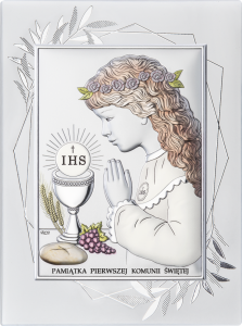 Obrazek srebrny Pamiątka Pierwszej Komunii Świętej na ozdobnym panelu DS04FO/2CA