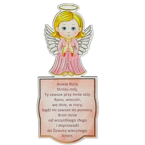 Aniołek zawieszka ze sklejki z modlitwą, różowy