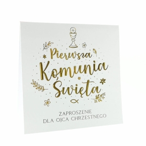 Zaproszenie na Pierwszą Komunię Świętą dla Ojca Chrzestnego - białe