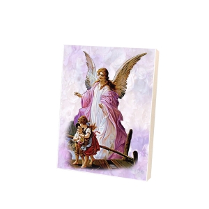 Obrazek na desce - Anioł Stróż z dziećmi na kładce, różowy B-12