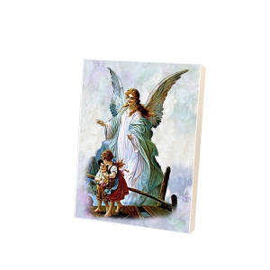 Obrazek na desce - Anioł Stróż z dziećmi na kładce, niebieski B-11