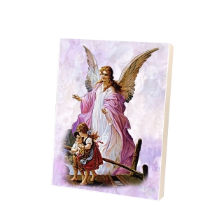 Obrazek na desce - Anioł Stróż z dziećmi na kładce, różowy C-12