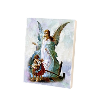 Obrazek na desce - Anioł Stróż z dziećmi na kładce, niebieski C-11