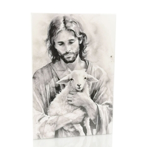 Obrazek na desce 27 cm - Pan Jezus Dobry Pasterz z owieczką