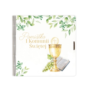 Pamiątka Pierwszej Komunii Świętej - książeczka w drewnianym pudełeczku