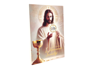 Obrazek na desce 19 cm - Pamiatka I Komunii Świętej Obraz z Jezusem i Hostią