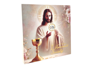 Obrazek na desce 17 cm - Pamiatka I Komunii Świętej Obraz z Jezusem i Hostią