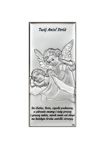 Obrazek srebrny - Pamiątka Chrztu świętego - Aniołek z latarenką nad dzieciątkiem DS216/2