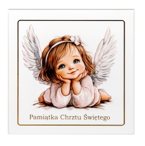 Obrazek na desce 13 cm - Aniołek dziewczynka - Pamiątka Chrztu Świętego 