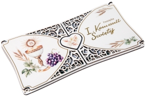 Pamiątka Pierwszej Komunii Świętej - karnet na sklejce