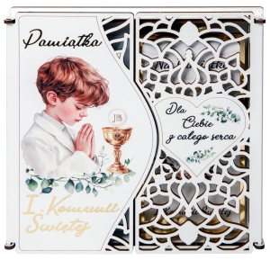 Pamiątka Pierwszej Komunii Świętej dla chłopca - pudełeko ze sklejki