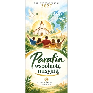 Baner z Hasłem Roku 2027 Parafia Wspólnotą Misyjną